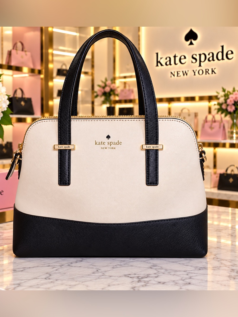 kate spade Two-Tone Navy and Cream Dome Satchel with new crossbody strap.